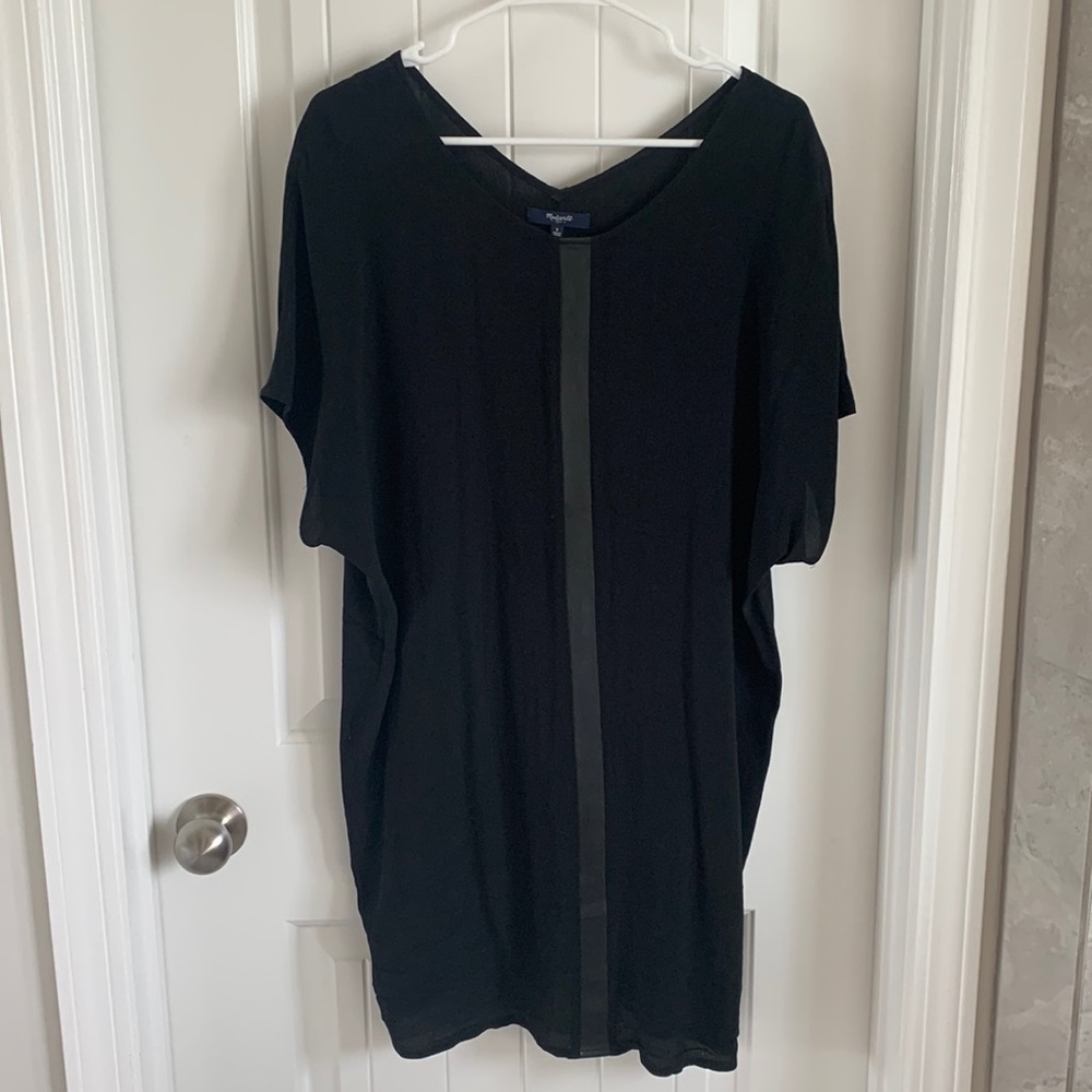 Madewell Black Shift Dress with black leather vertical stripe down the middle